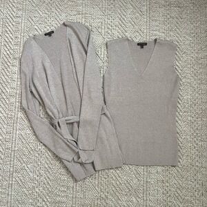 Anne Klein New York Metallic Knit Cardigan and Shell Twin Set Champagne Gold M
